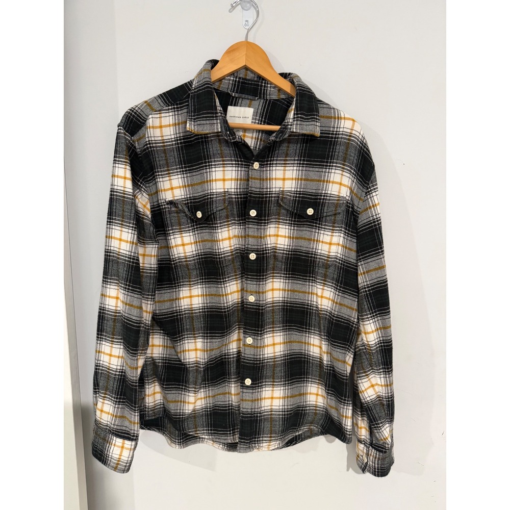 American Eagle Mens Flannel Shirt L Black Mustard Yellow Plaid Super Soft Cotton